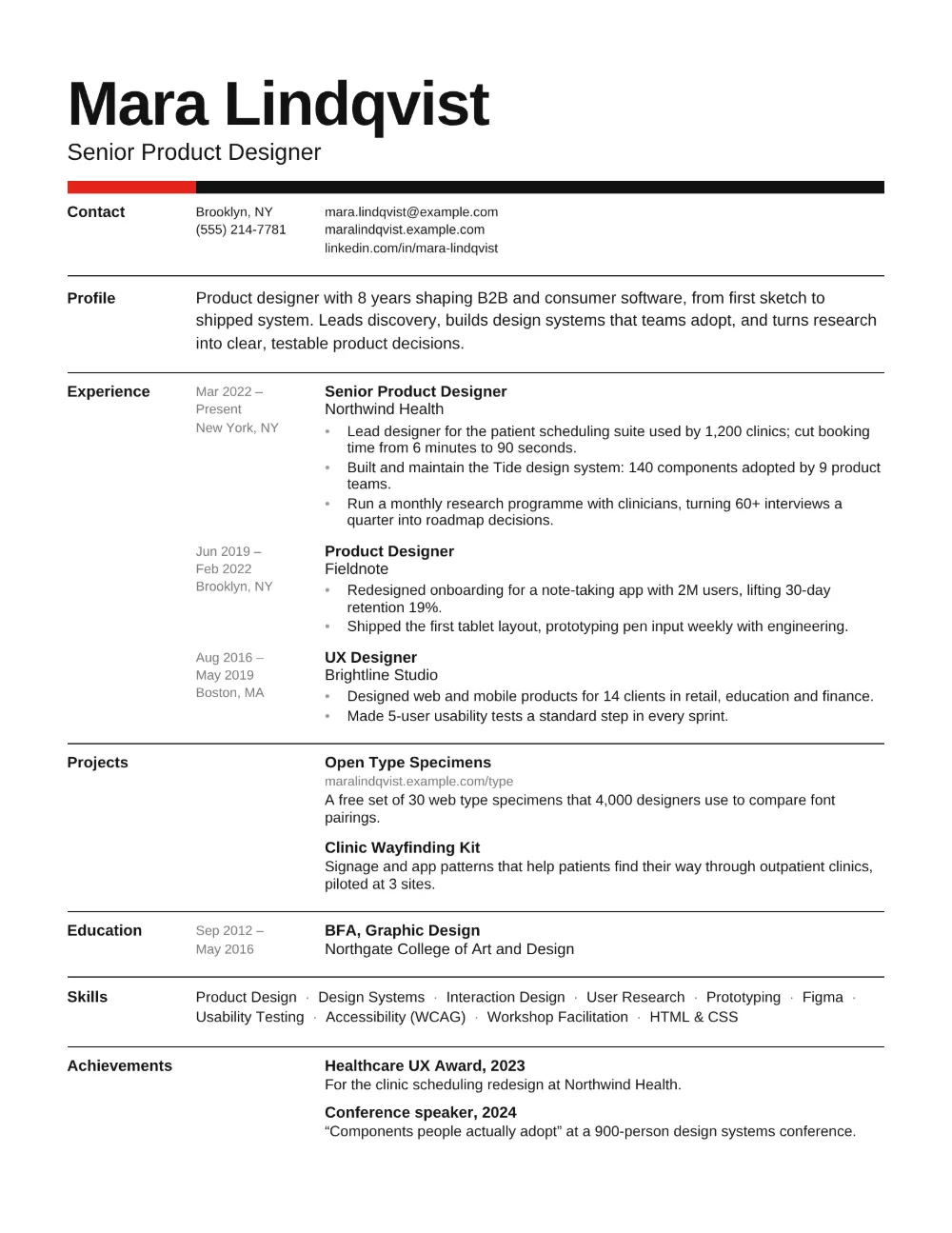 Basel resume template filled in with a sample resume