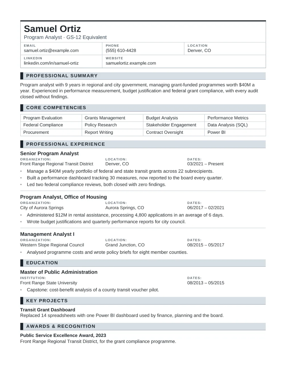 Civic resume template filled in with a sample resume