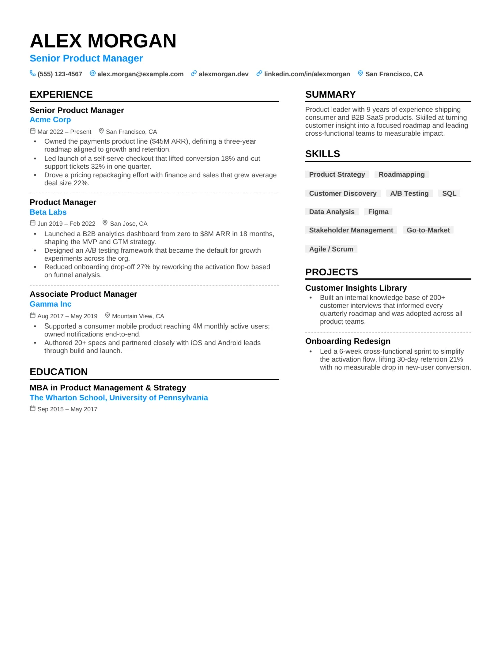 Cobalt resume template filled in with a sample resume
