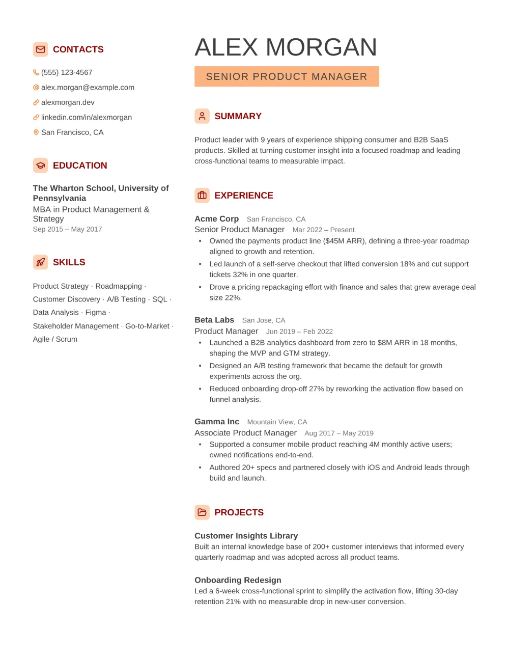 Coral resume template filled in with a sample resume