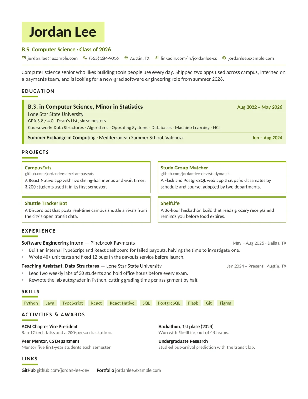 Debut resume template filled in with a sample resume