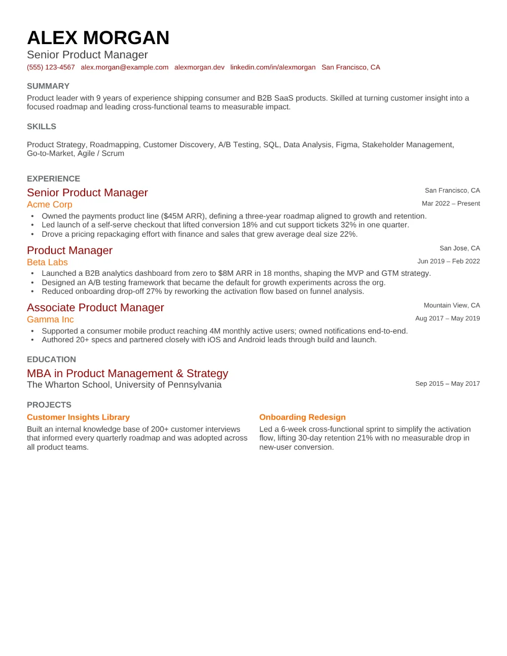 Ember resume template filled in with a sample resume