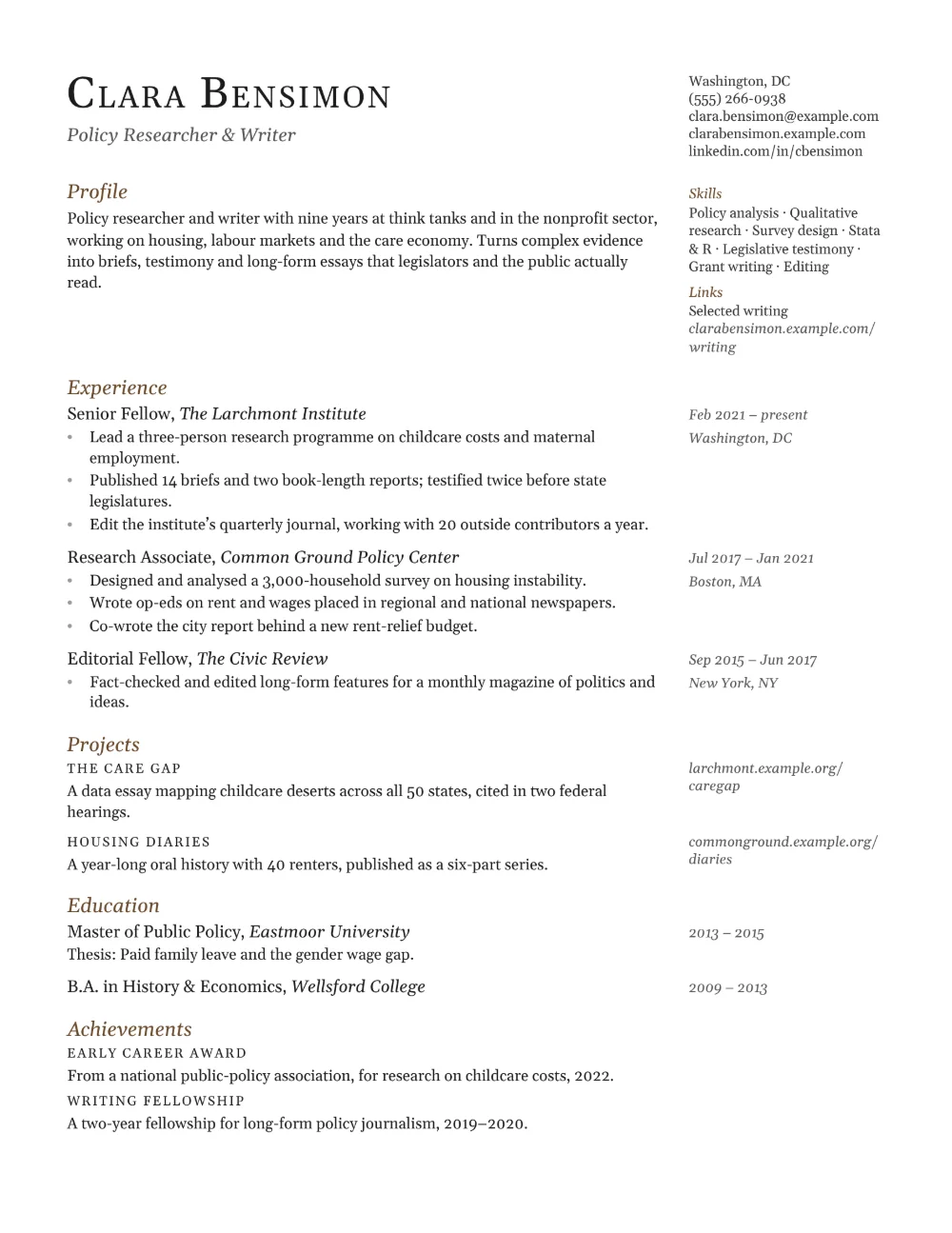 Folio resume template filled in with a sample resume