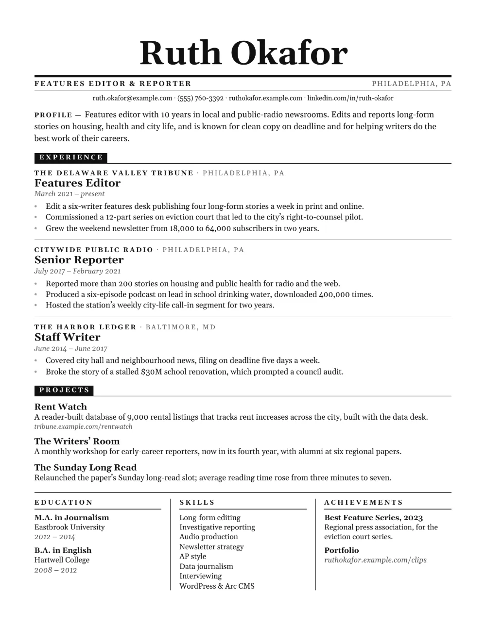 Gazette resume template filled in with a sample resume