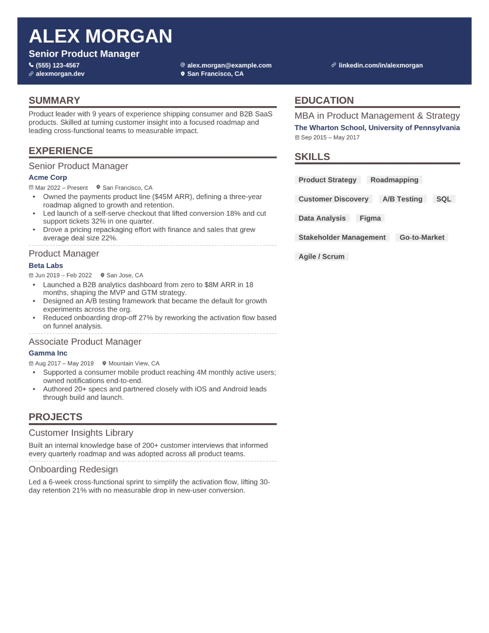 Harbor resume template filled in with a sample resume