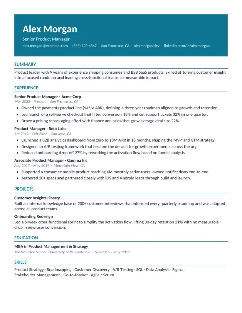 A resume made with the Horizon template, filled in with sample details