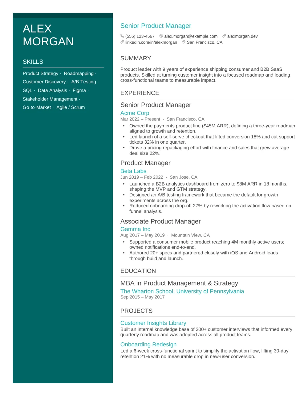 Lagoon resume template filled in with a sample resume