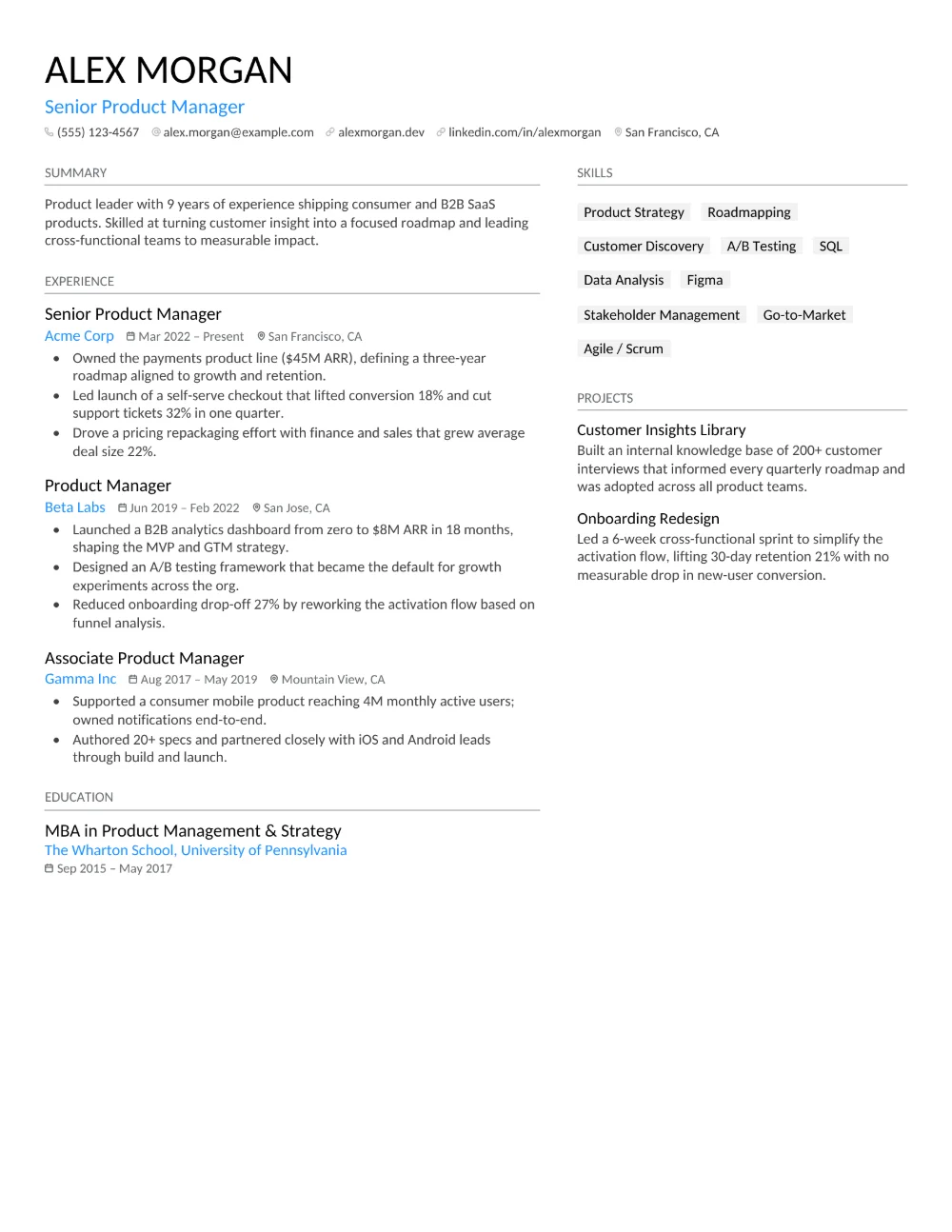 Meridian resume template filled in with a sample resume