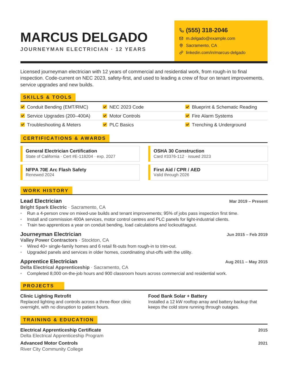 Rivet resume template filled in with a sample resume