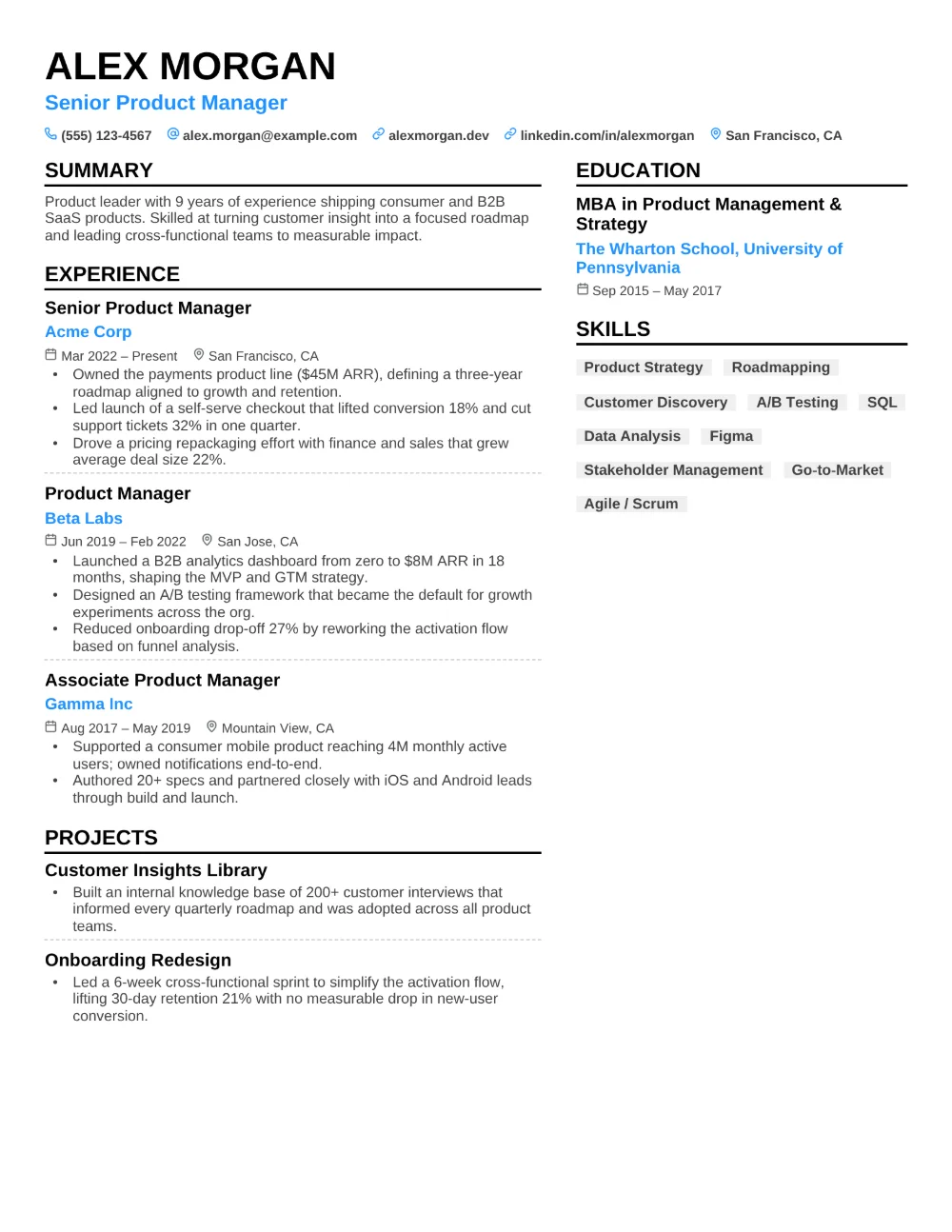 Summit resume template filled in with a sample resume