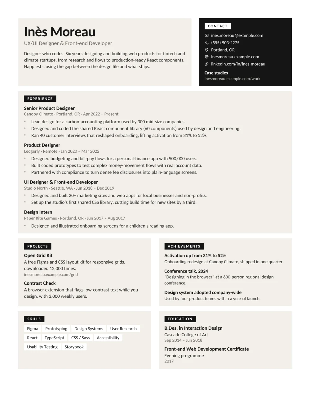 Tessera resume template filled in with a sample resume